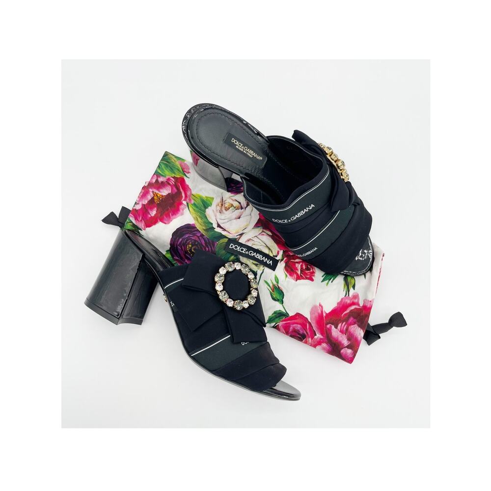 Dolce & Gabbana Black Crystal Buckle Bow Charmeuse Satin Slide Mule Heels IT 37